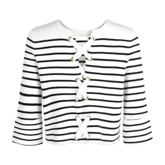 Maje Montreal Ecru criss cross lace up back Breton stripe cropped sweater - Picture 6 of 10